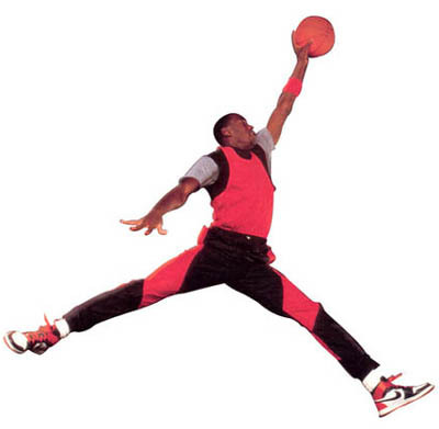  a silhouette of Michael Jordan performing a dunk but rather a layup